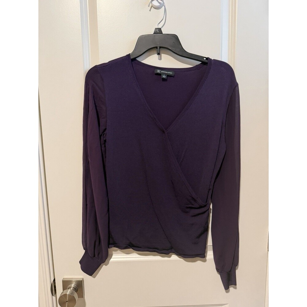 Inc International Concepts Side-Shirred Blouse Faux-Wrap Top Long Sleev Purple S